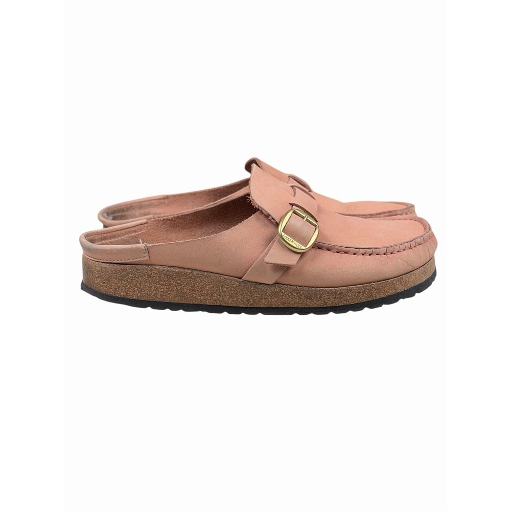 Birkenstock Pink Leather Mule Clogs with Gold Buckle